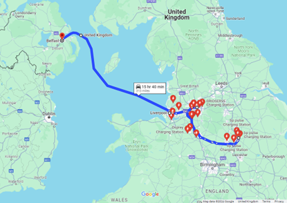 Nottingham to Belfast EV Charging Spots