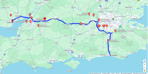 Brighton to Cardiff EV Charging Spots