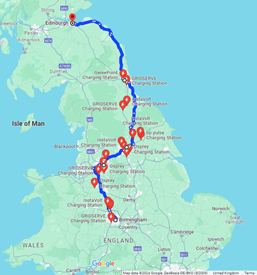 Birmingham to Edinburgh EV Charging Spots